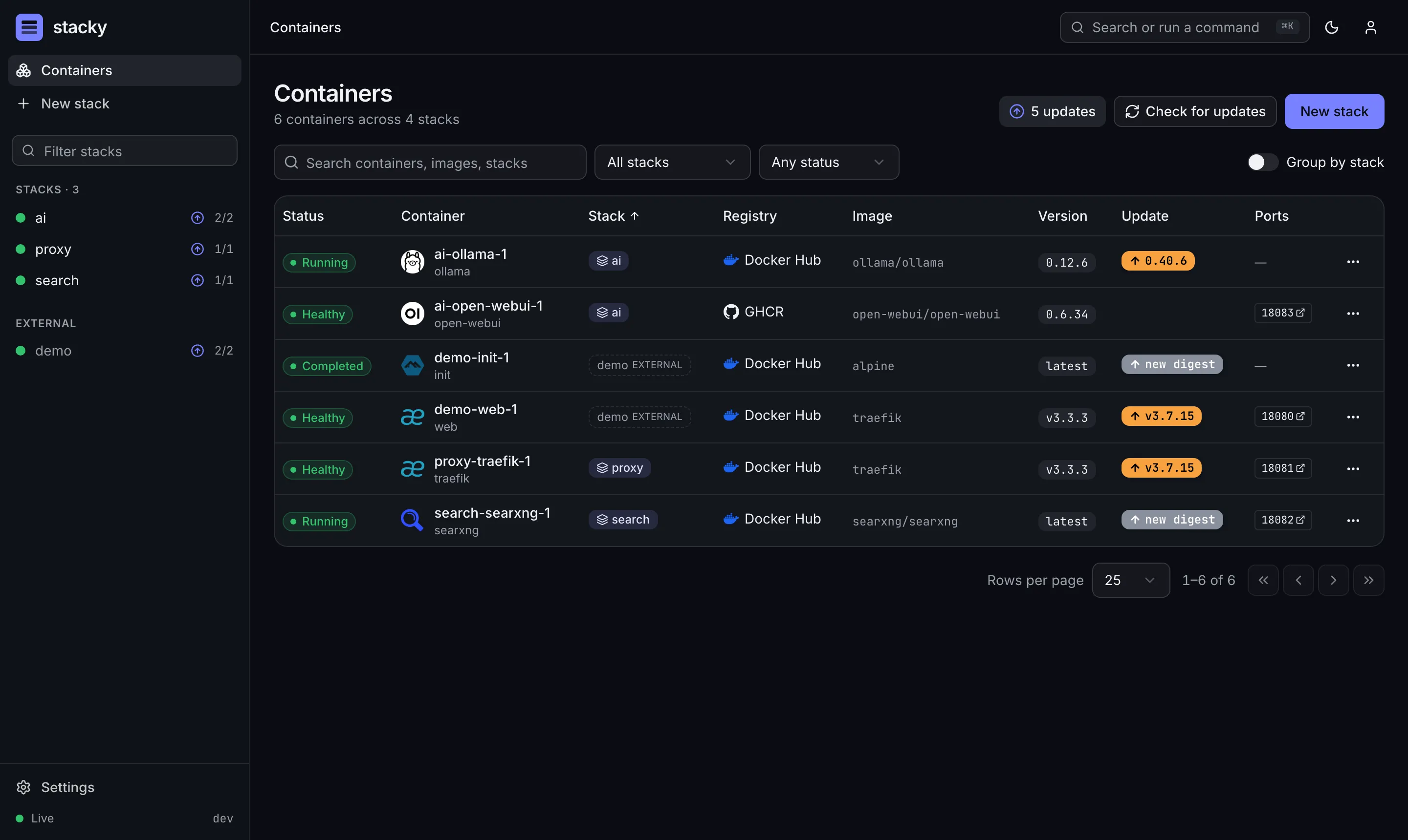 The stacky containers page: every container with its stack, registry, version and available update