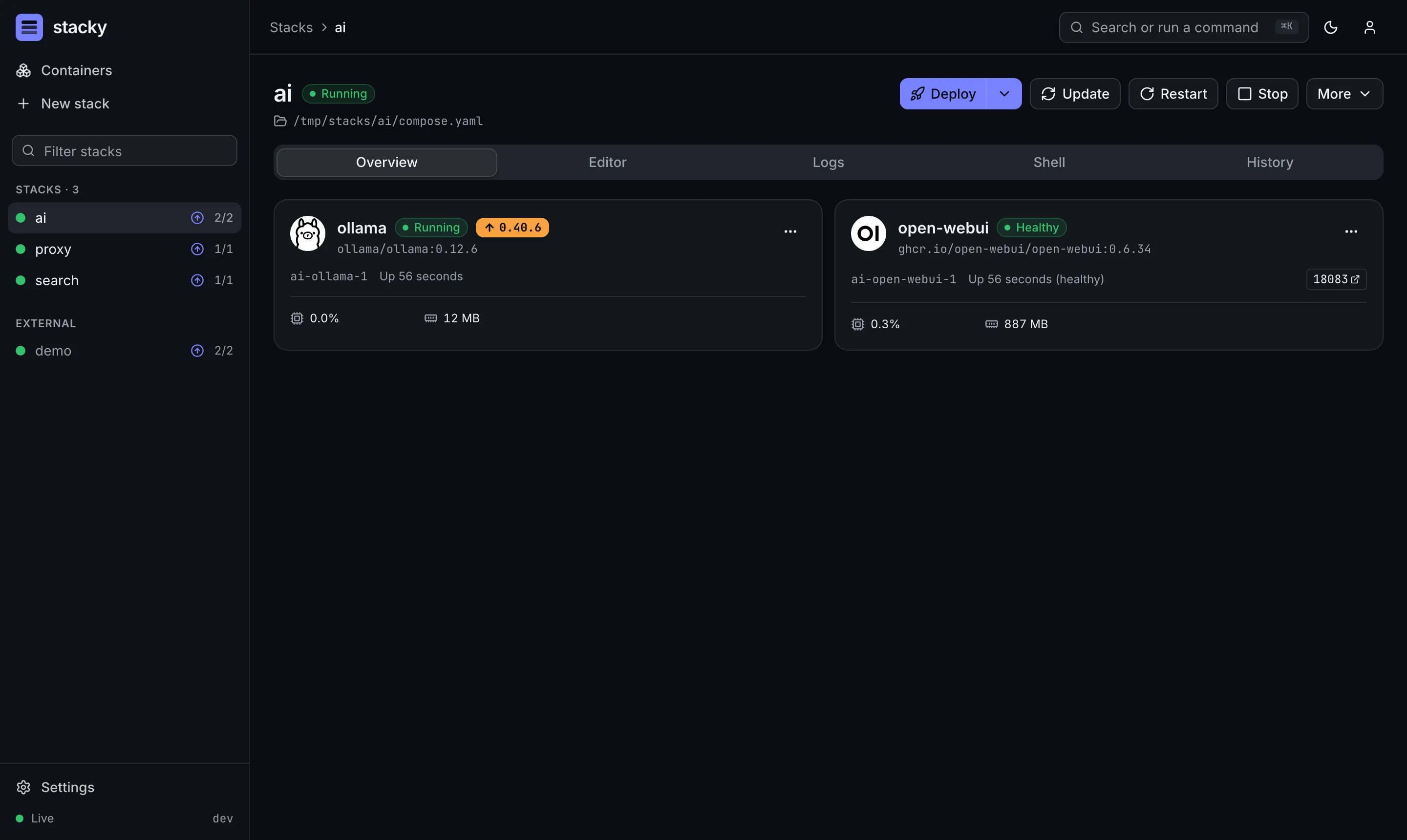 A stack page with service cards, live CPU and memory, and update badges